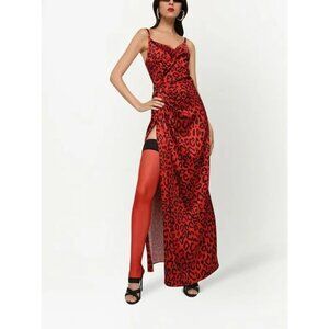 DOLCE & GABBANA Leopard Print Maxi Dress Red Size 48 US 12 NWT